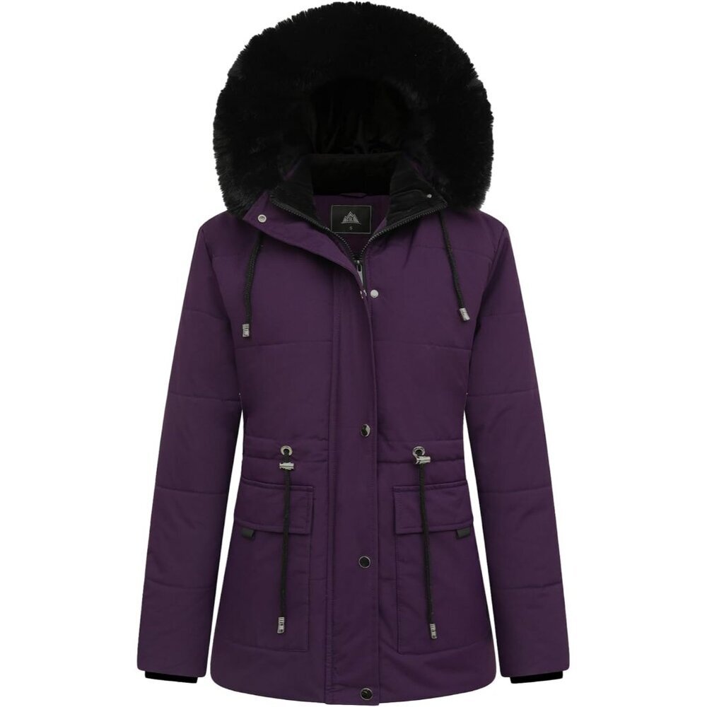〽️Women Purple Warm Winter Puffer Coat Fleece Jacket Faux Fur Detachable Hood